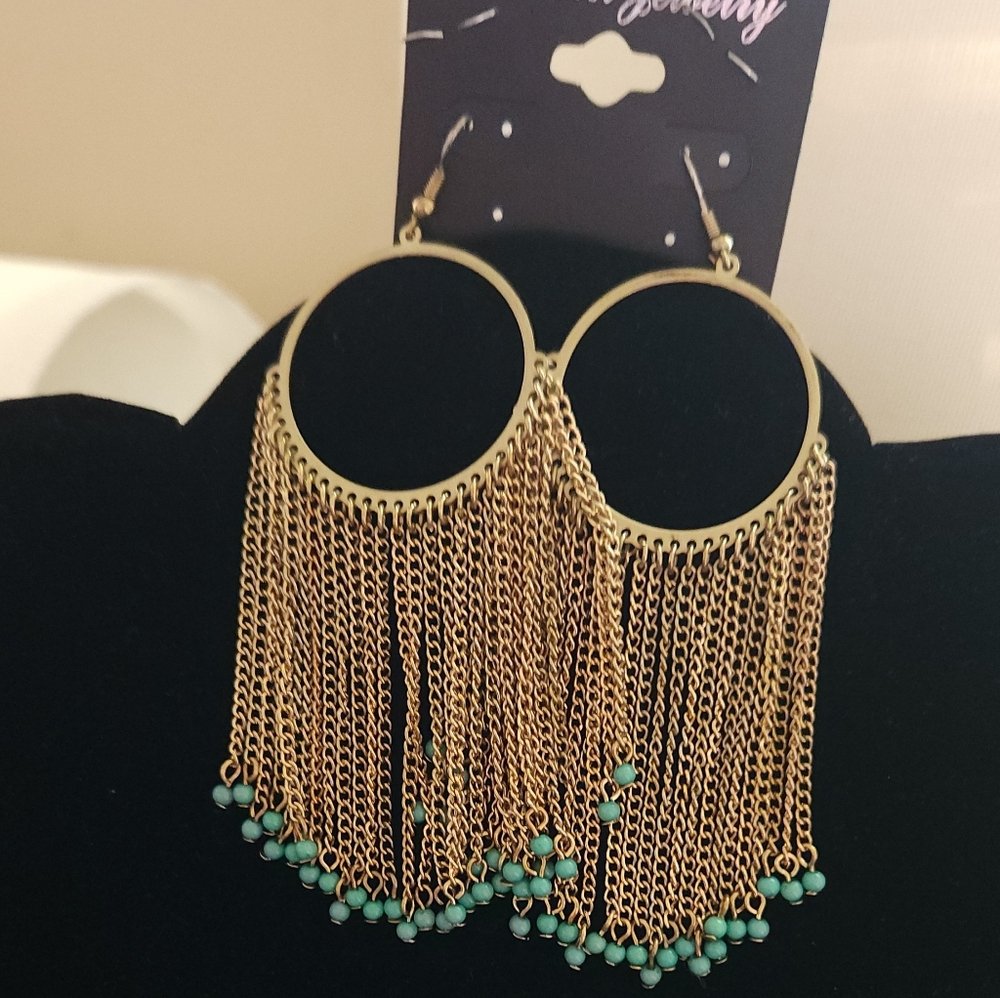 Gold and Green Chain Fringe Earrings